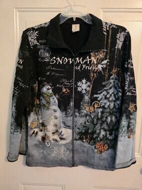 Vtg Jess and Jane Snowman Friends Zip Up Top Christmas Snow Scene Sz S USA Made